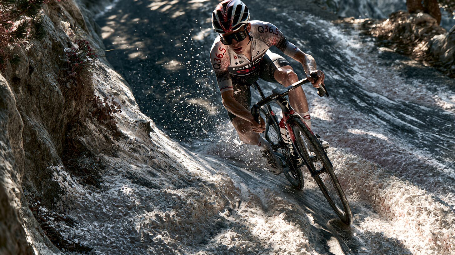 A professional cyclist Tom Pidcock wearing a Pinarello Q36.5 Pro Cycling Team jersey, a cycling helmet, and black sunglasses. He is navigating a steep mountain descent corner. The asphalt road is prominently covered with slippery white chalk powder. Dramatic cinematic lighting, highly detailed, realistic cycling race photography, action shot.